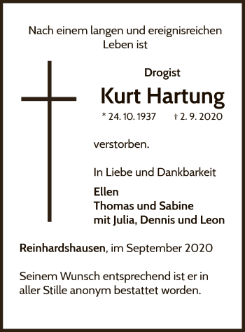 Traueranzeige von Kurt Hartung von WLZ