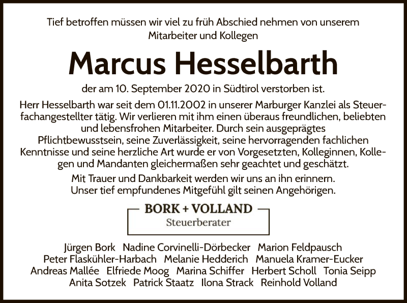  Traueranzeige für Marcus Hesselbarth vom 29.09.2020 aus WLZ