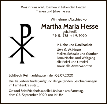 Traueranzeige von Martha Maria Hesse von WLZ