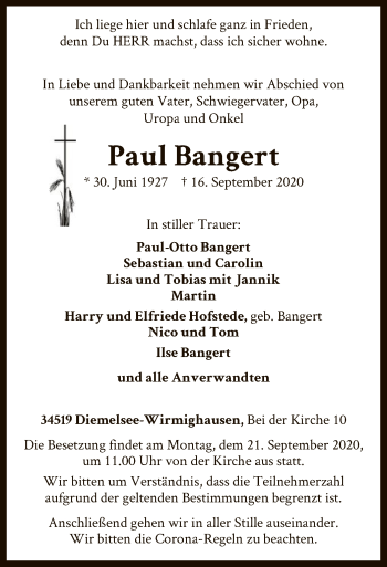 Traueranzeige von Paul Bangert von WLZ