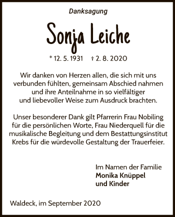 Traueranzeige von Sonja Leiche von WLZ