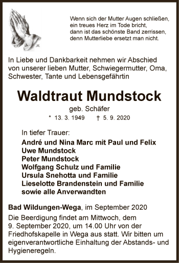 Traueranzeige von Waldtraut Mundstock von WLZ