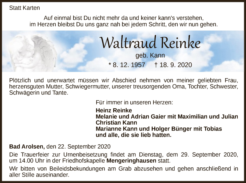  Traueranzeige für Waltraud Reinke vom 22.09.2020 aus WLZ