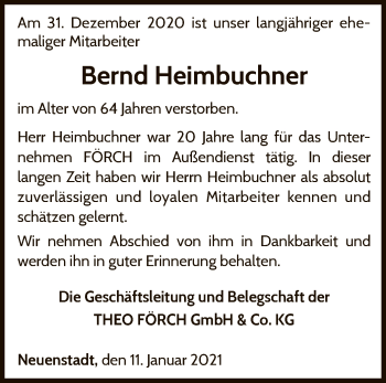 Traueranzeige von Bernd Heimbuchner von WLZ