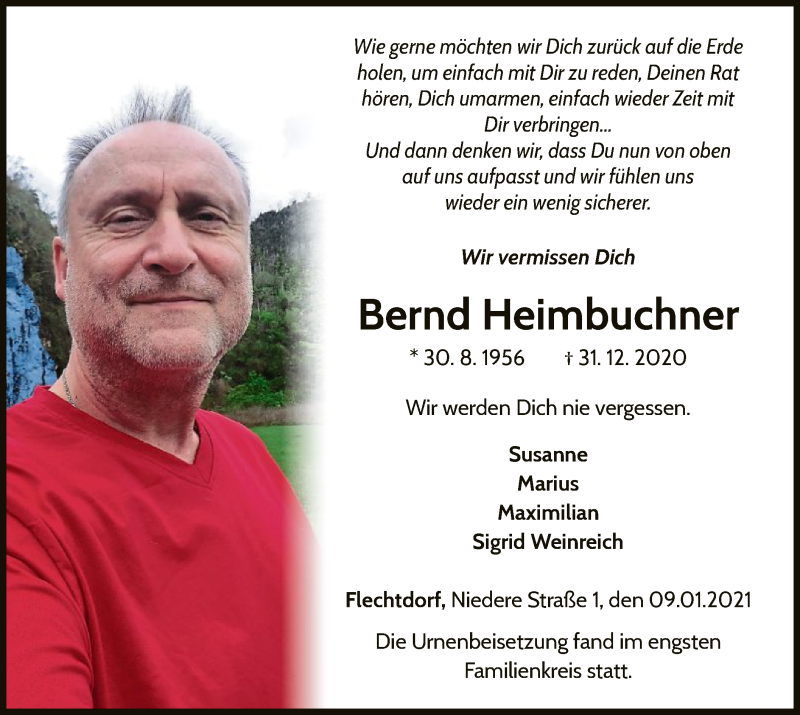  Traueranzeige für Bernd Heimbuchner vom 09.01.2021 aus WLZ