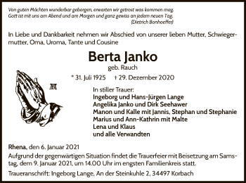 Traueranzeige von Berta Janko von WLZ