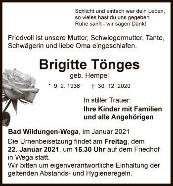 Traueranzeige von Brigitte Tönges von WLZ