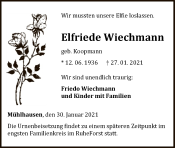 Traueranzeige von Elfriede Wiechmann von WLZ