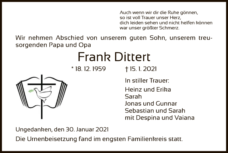  Traueranzeige für Frank Dittert vom 30.01.2021 aus HNA