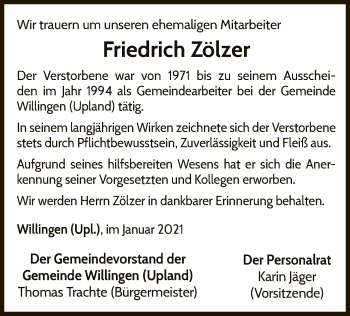 Traueranzeige von Friedrich Zölzer von WLZ