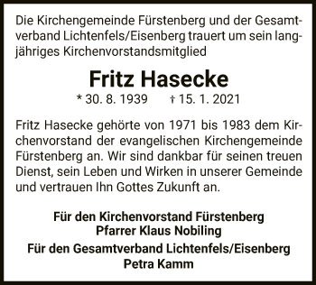 Traueranzeige von Fritz Hasecke von WLZ