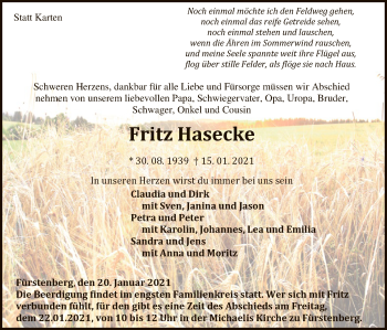 Traueranzeige von Fritz Hasecke von WLZ