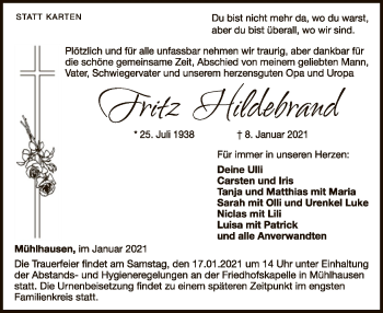 Traueranzeige von Fritz Hildebrand von WLZ