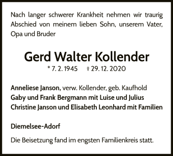 Traueranzeige von Gerd Walter Kollender von WLZ