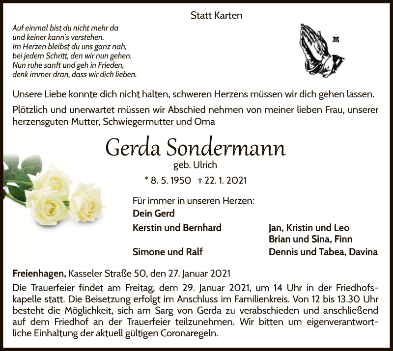  Traueranzeige für Gerda Sondermann vom 27.01.2021 aus WLZ