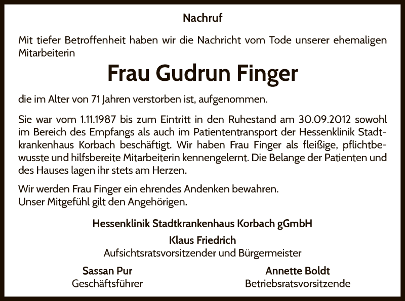  Traueranzeige für Gudrun Finger vom 07.01.2021 aus WLZ