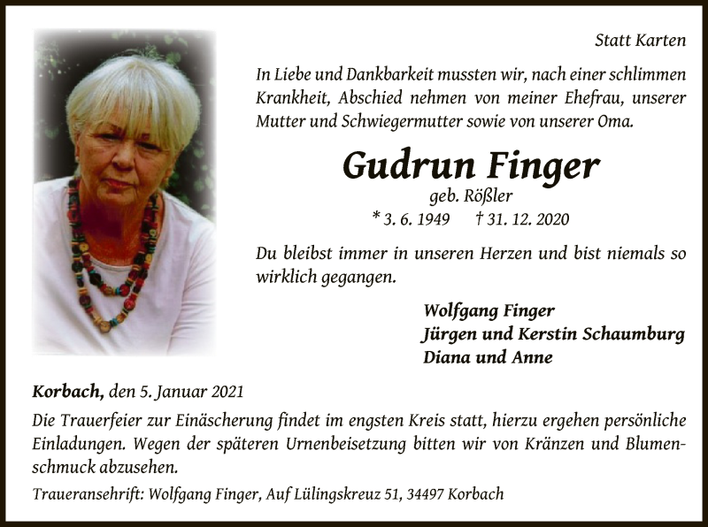  Traueranzeige für Gudrun Finger vom 05.01.2021 aus WLZ