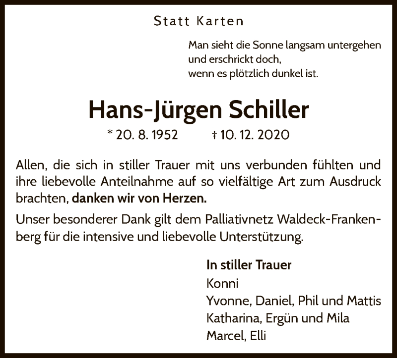  Traueranzeige für Hans-Jürgen Schiller vom 09.01.2021 aus WLZ