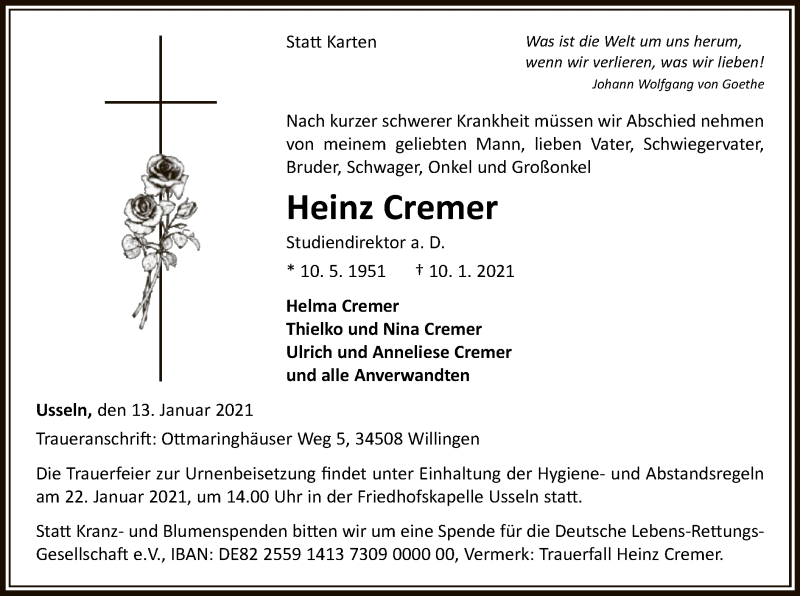  Traueranzeige für Heinz Cremer vom 13.01.2021 aus WLZ
