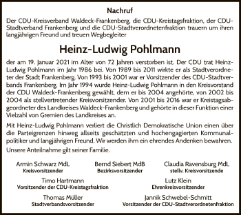 Traueranzeige von Heinz-Ludwig Pohlmann von WLZ