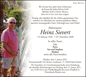 Traueranzeige von Heinz Sievert von WLZ