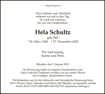 Traueranzeige von Hela Schultz von WLZ