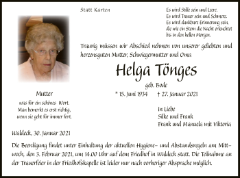 Traueranzeige von Helga Tönges von WLZ