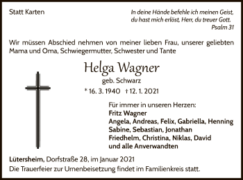 Traueranzeige von Helga Wagner von WLZ