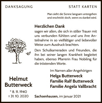 Traueranzeige von Helmut Butterweck von WLZ