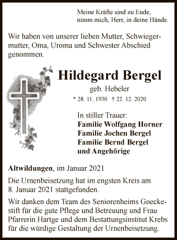 Traueranzeige von Hildegard Bergel von WLZ