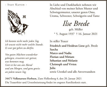 Traueranzeige von Ilse Brede von WLZ