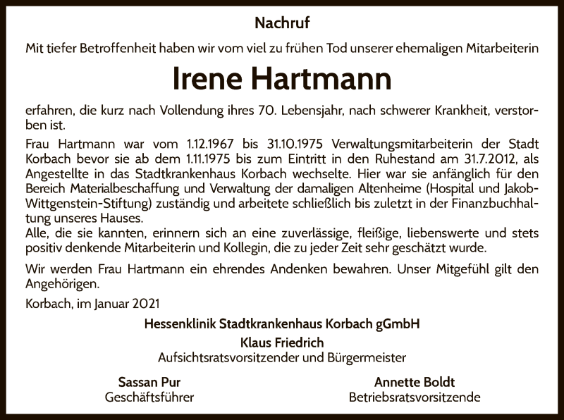  Traueranzeige für Irene Hartmann vom 30.01.2021 aus WLZ