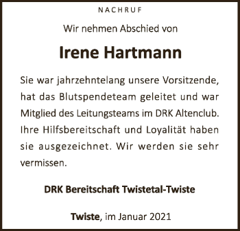 Traueranzeige von Irene Hartmann von WLZ