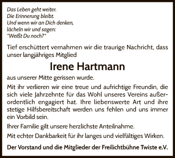 Traueranzeige von Irene Hartmann von WLZ