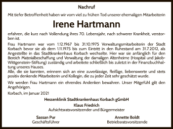 Traueranzeige von Irene Hartmann von WLZ