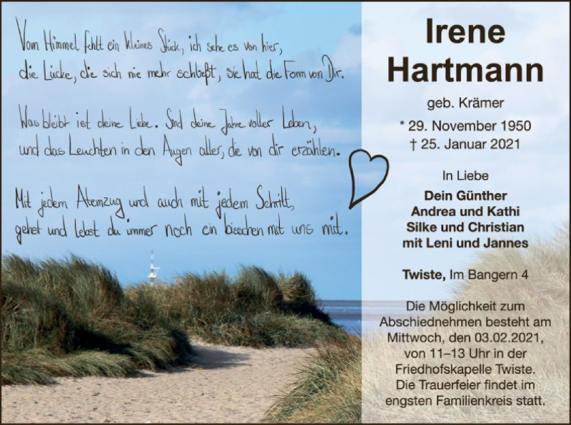  Traueranzeige für Irene Hartmann vom 28.01.2021 aus WLZ