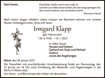 Traueranzeige von Irmgard Klapp von WLZ