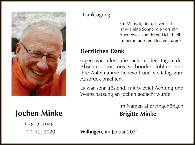  Traueranzeige für Jochen Minke vom 23.01.2021 aus WLZ