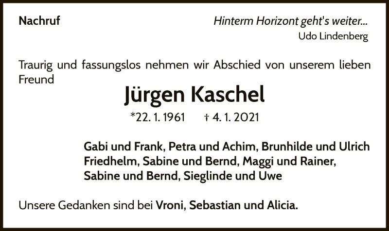  Traueranzeige für Jürgen Kaschel vom 13.01.2021 aus WLZ
