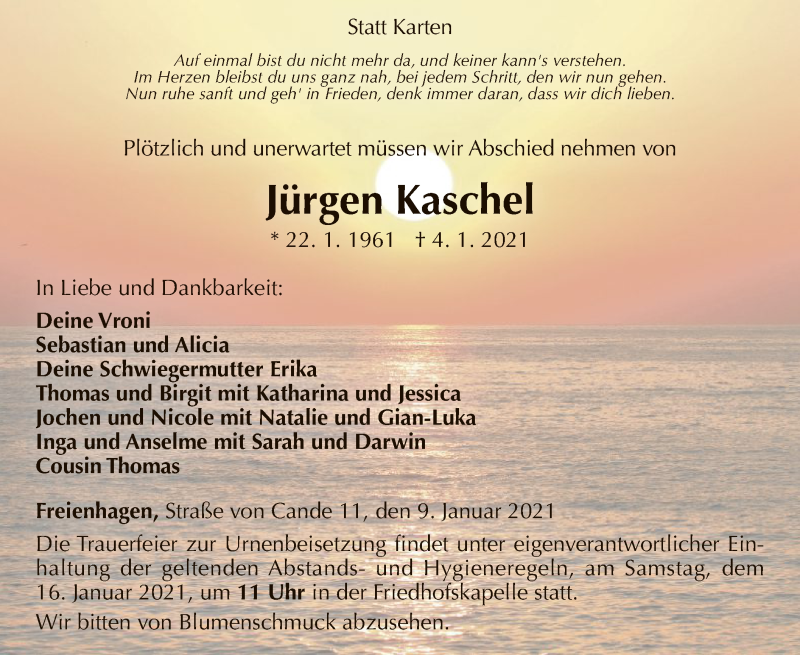 Traueranzeige für Jürgen Kaschel vom 09.01.2021 aus WLZ