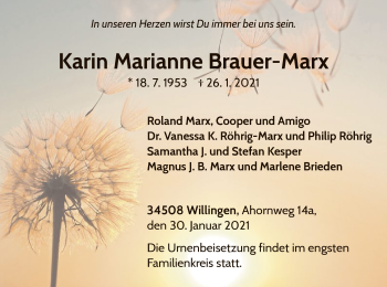 Traueranzeige von Karin Marianne Brauer-Marx von WLZ