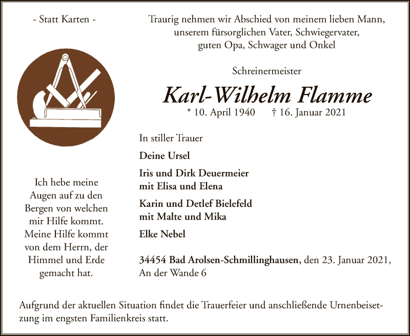  Traueranzeige für Karl-Wilhelm Flamme vom 23.01.2021 aus WLZ