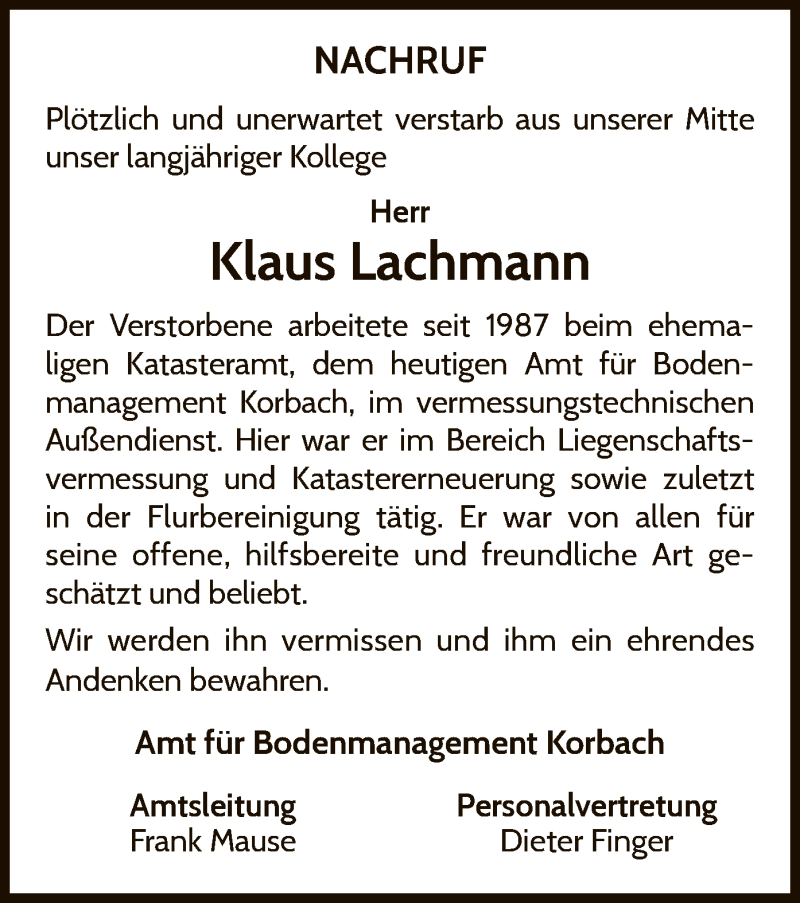  Traueranzeige für Klaus Lachmann vom 18.01.2021 aus WLZ