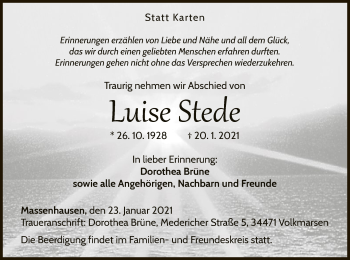 Traueranzeige von Luise Stede von WLZ