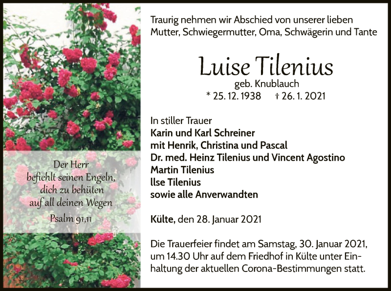  Traueranzeige für Luise Tilenius vom 28.01.2021 aus WLZ