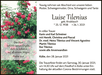 Traueranzeige von Luise Tilenius von WLZ