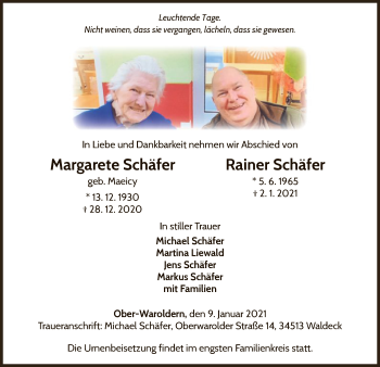 Traueranzeige von Margarete und Rainer Schäfer von WLZ