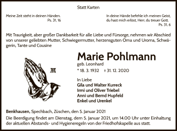 Traueranzeige von Marie Pohlmann von WLZ