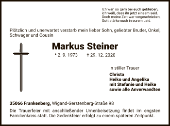 Traueranzeige von Markus Steiner von HNA