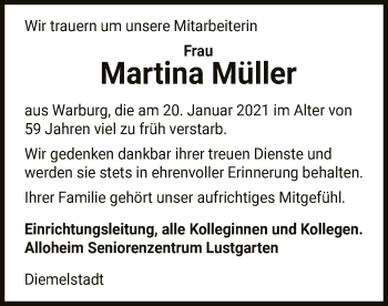 Traueranzeige von Martina Müller von WLZ